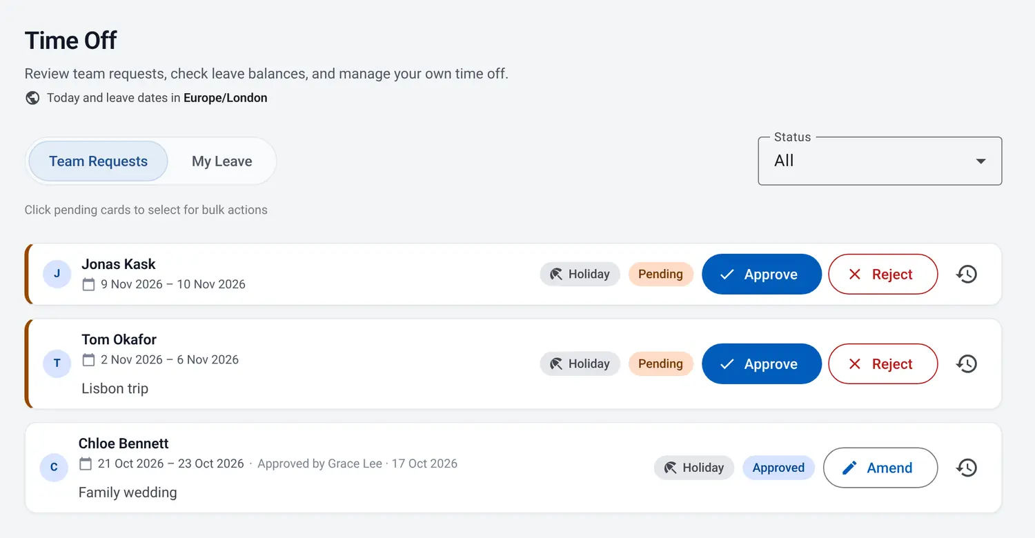 Time off requests: two holidays waiting with Approve and Reject buttons, and one already approved.